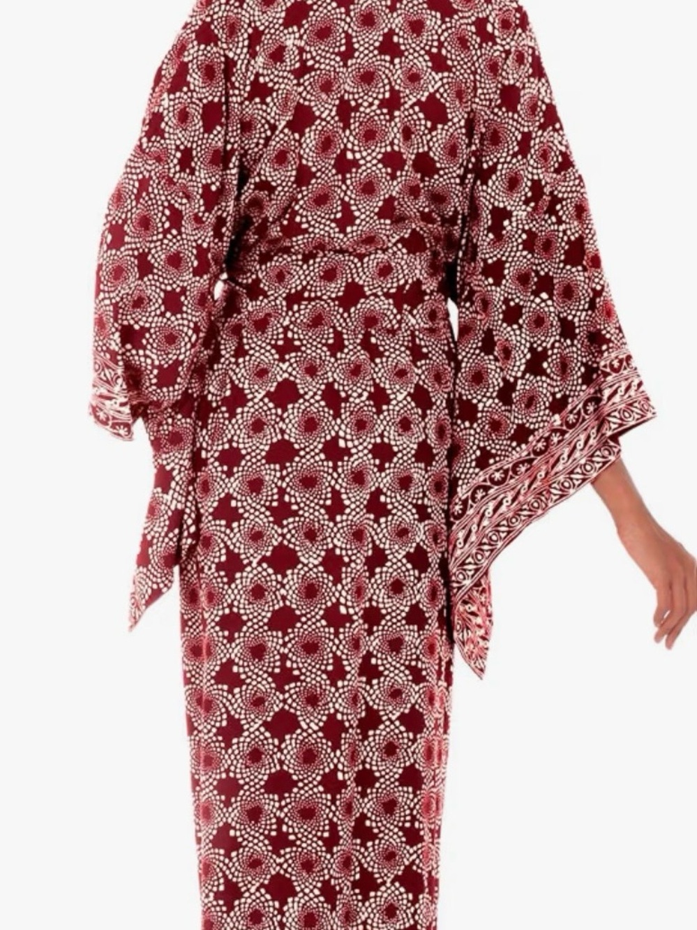 Long Burgundy Floral Wrap Robe with Tie Waist - Picture 3 of 8